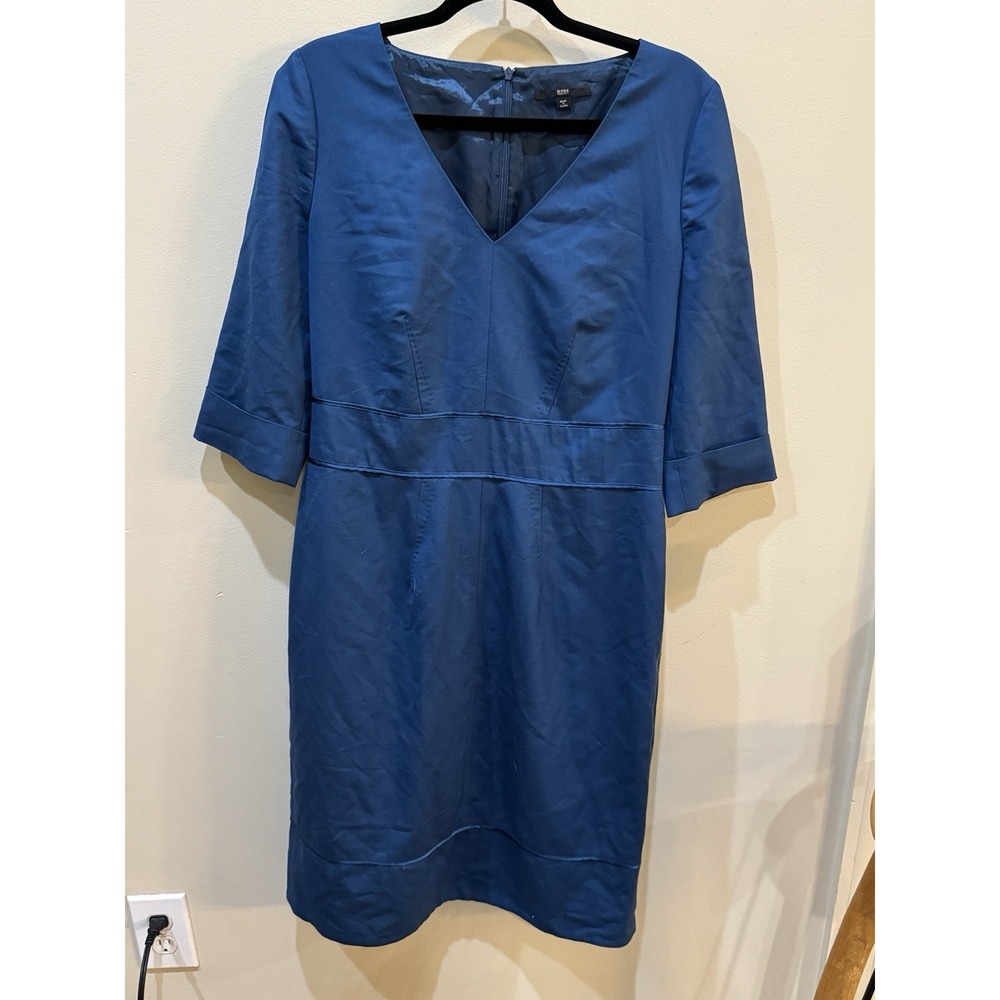 BOSS women's royal blue 3/4 sleeve sheath dress Size 10 Vneck - Picture 3 of 8